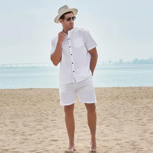 Vista 2 de AOTORR Conjunto de lino de 2 piezas para hombre, camisa de manga corta con botones y traje de playa corto