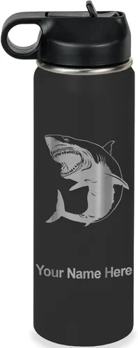 Vista 18 de LaserGram Botella de agua personalizada, gran tiburón blanco, acero inoxidable de doble pared aislada al vacío con popote superior, regalo grabado