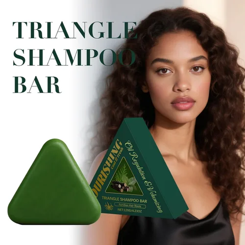 Vista 2 de Barra de champú triangular con extracto de hoja de Platycladus Orientalis, hoja de menta y glicerina, nutrición de raíces del cabello y limpieza