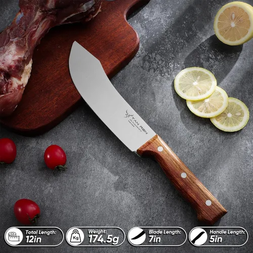 Vista 5 de TAN REN Cuchillo de carnicero para cortar carne, cuchillo de carne de espiga completa de 7 pulgadas Cuchillo de carnicero de 7 pulgadas