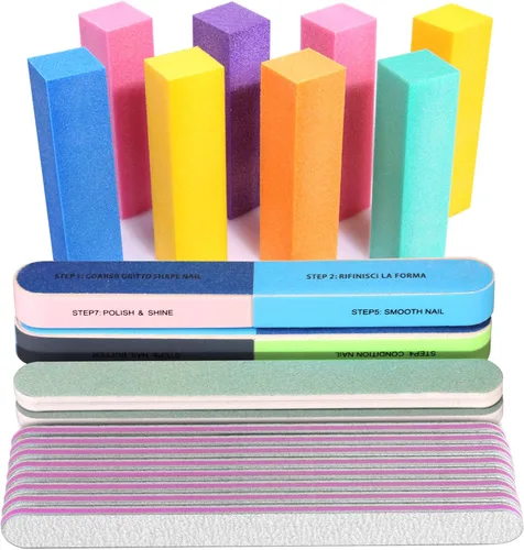 Vista 8 de FANDAMEI Limas y tampones de uñas, kit de 20 limas de uñas. Bloque de pulido de uñas rectangular y grano 100/180 lima de uñas de 7 vías y tampón