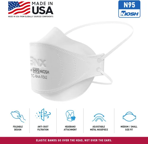 Vista 4 de BNX Máscara N95 certificada por NIOSH fabricada en Estados Unidos, máscara facial protectora con respirador de partículas, triple taza/estilo pez