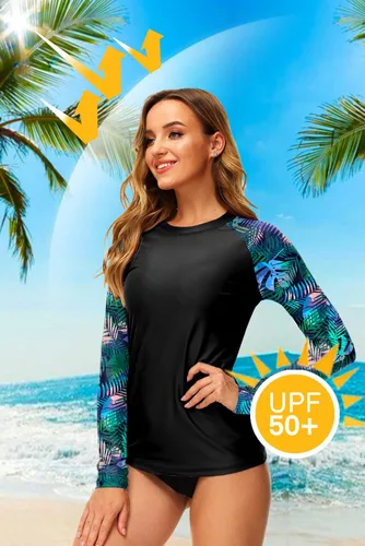 Vista 2 de Deerose Camiseta de natación con estampado UPF 50+ para mujer, camiseta de natación para surf