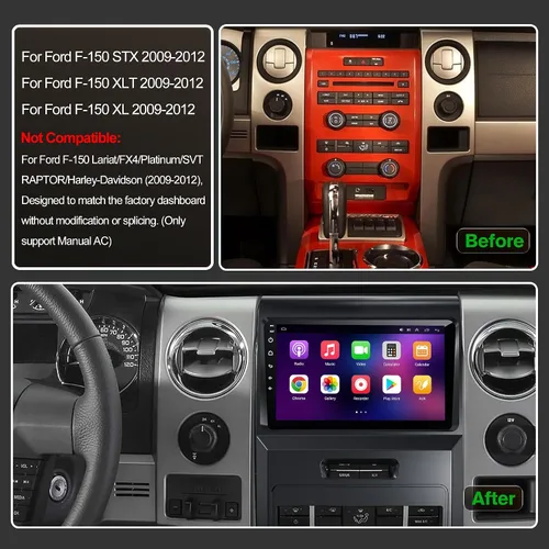 Vista 2 de (Solo para manual AC) [4+64G] Estéreo de coche con Carplay inalámbrico y Android Auto para Ford F150 2009 2010 2011 2012 Android 13 9 pulgadas