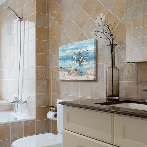 Vista 7 de Arte de pared para decoración de baño, imagen de playa azul, tema oceánico, impresión en lienzo de flores, pintura moderna de paisaje marino