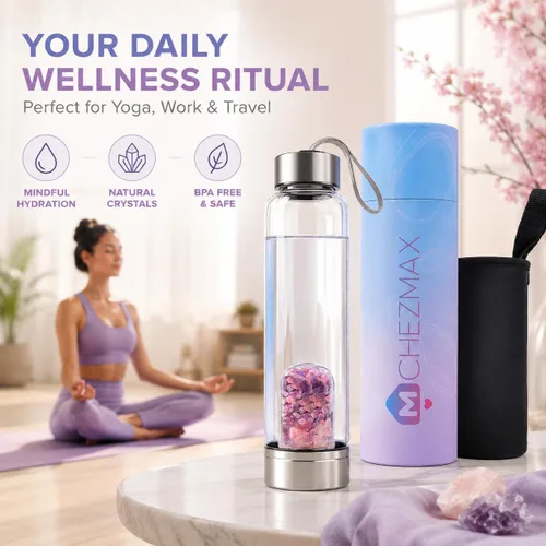 Vista 6 de ChezMax Botella de agua en cristal con centro de cristal natural intercambiable 18.6Oz, Natural Quartz Gemstone, Juice Container with Lid Sleeve
