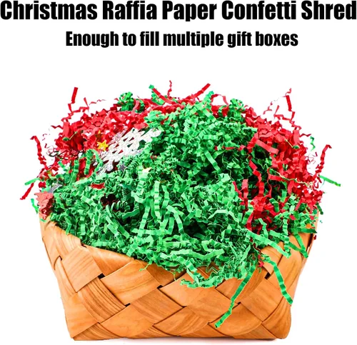 Vista 2 de LOMIMOS Relleno de papel de Navidad de 1 libra, papel de rafia de Navidad rojo y verde con confeti de Navidad para envolver regalos, cesta