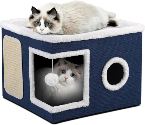 Vista 15 de Casa de Gato de 2 Pisos para Gatos de Interior, Separable en 2 Grandes Camas de Gato Cueva con Condominios Escondidos, Almohadillas para Rascar