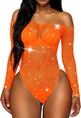 Vista 5 de RSLOVE Lencería de Malla con Cuerpo de Red para Mujer, Sexy con Diamantes de Imitación y Malla, Lencería Teddy Negro