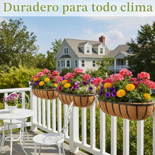 Vista 6 de Maceta de Balcón Tipo Abrevadero English Inviting con Forro de Coco - Maceta de Metal para Montar en Pared, Jardinera de Ventana de Cubierta de 16