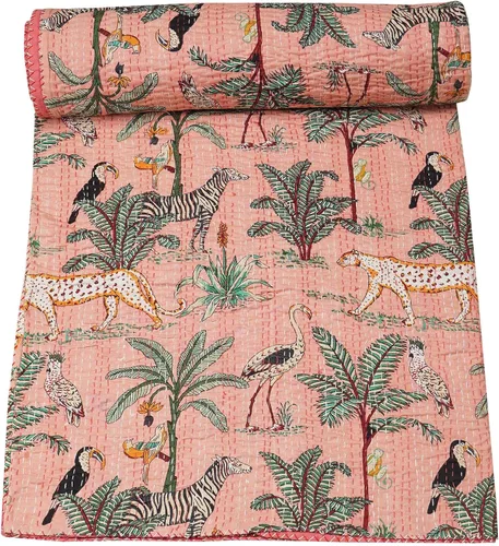 Vista 16 de Marubhumi Edredón tradicional indio de algodón puro con estampado de selva Kantha, funda de cama, colcha Kantha con estampado de animales, Negro