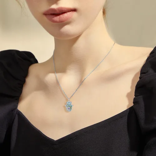 Vista 3 de PROESS Collar de plata de ley Hamsa Fatima, collar de elefante, colgante de ojo azul, joyería para hombres, mujeres, niñas y niños, Plata esterlina