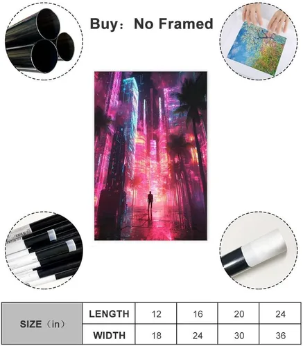 Vista 2 de Vaporwave Aesthetic Poster – Cyberpunk Retro Art Print with Neon City And Palm Trees Decor Poster Print Decorative Painting Canvas Wall Art Living