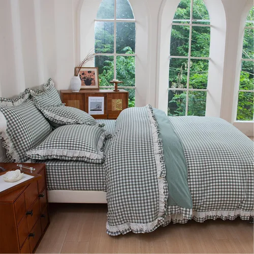 Vista 16 de FADFAY Twin 100% Washed Cotton Black & White Gingham Ruffle Duvet Cover Set Soft, Breathable, Crisp, Hidden Zipper Closure, 8 Corner Ties