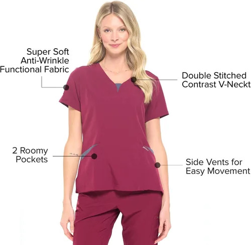 Vista 3 de Dagacci Medical Uniform Conjunto de ropa quirúrgica para mujer en 4 direcciones, red de contraste dividido y bolsillo