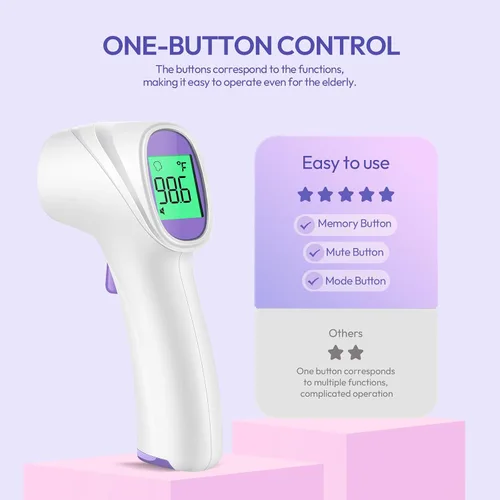 Vista 4 de Termómetro de frente para adultos, niños y bebés, termómetro digital sin contacto con pantalla de retroiluminación LCD, alarma de fiebre y lectura