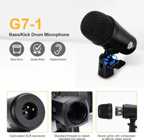 Vista 2 de W IN-MIX Kit de micrófono de batería G7 de 7 piezas, construcción totalmente metálica con salidas XLR, micrófonos dinámicos para patada, trampa
