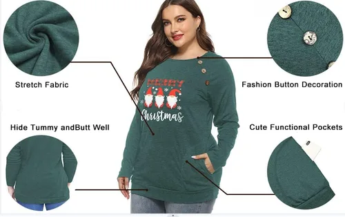Vista 4 de Camisetas de manga larga para mujer, con bolsillos, botones, decoración, estilo casual, 1X-4X