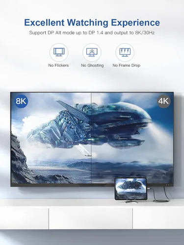 Vista 5 de dockteck Cable USB C a DisplayPort de 6 pies/6.6 ft, 8K tipo C a DP 1.4, Thunderbolt 3 a cable Displayport de 32.4 Gbps UHD 8K @30Hz/4K a 144Hz/2K a