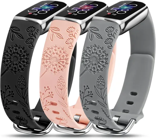 Vista 11 de Paquete de 3 correas compatibles con Fitbit Luxe para mujer, de silicona suave, con grabado floral, correa deportiva de diente de león, repuesto
