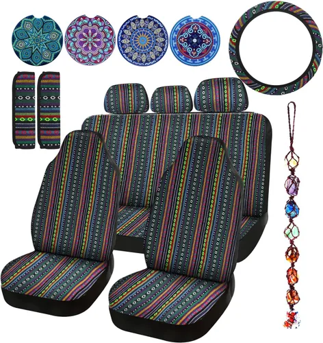 Vista 10 de Frienda - Juego completo de fundas para asientos de coche estilo Baja, manta de sillín multicolor con diseño bohemo a rayas, funda para volante