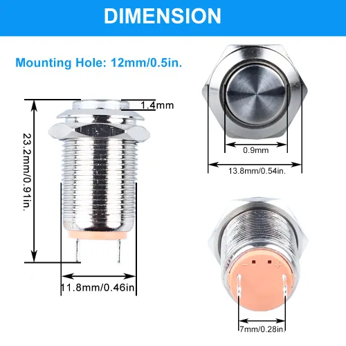 Vista 3 de Paquete de 2 interruptores de botón de cierre de metal impermeable de 12 mm con cabeza elevada, terminales de enchufe, orificio de montaje de 1/2