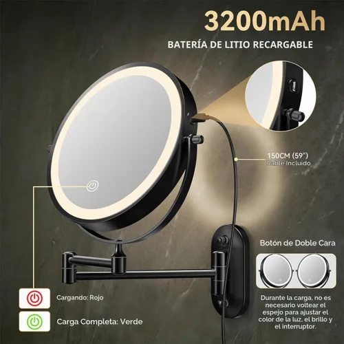 Vista 3 de Auxmir Espejo de maquillaje montado en la pared 1X/30X, espejo de aumento 8 in - negro