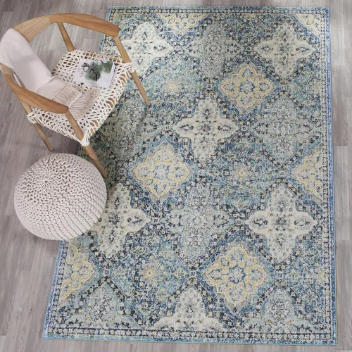 Vista 5 de SAFAVIEH Evoke Collection EVK274C - Alfombra decorativa de 2 pies 2 pulgadas x 4 pies, color azul claro/marfil con diseño de enrejado bohemio que