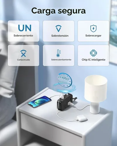 Vista 9 de Regleta de alimentación de viaje, estación de carga USB rápida de 65 W, cargador USB 7 en 1 máximo con 2 tomas, 3 USB C y 2 USB A, cable