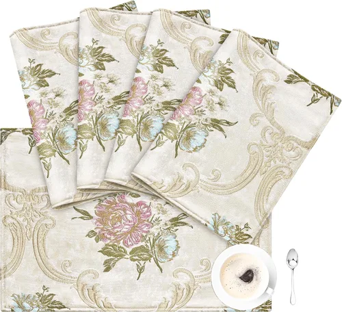 Vista 18 de Loom and Mill Juego de 4 Manteles Individuales de Damasco de Lujo, Manteles Individuales de Mesa Jacquard Beige Antideslizantes para Hogar Cocina