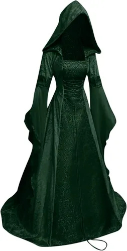 Vista 4 de Vestido renacentista para mujer, disfraz divertido de Hallowwen, vestido gótico medieval con capucha, manga larga, vestido largo victoriano