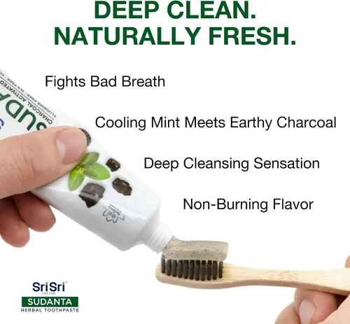 Vista 4 de Sri Sri Tattva Sudanta - Pasta de dientes de carbón - SLS, pasta de dientes herbales sin flúor con neem y hierbas ayurvédicas, blanqueamiento dental