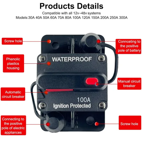 Vista 4 de Disyuntor de 100 amperios de 12 V a 48 V CC con botón de interruptor de reinicio manual para motor de arrastre de barcos, vehículos de remolque