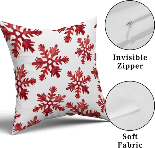 Vista 7 de Juego de 2 fundas de almohada de invierno de copos de nieve rojos de 18 x 18 pulgadas, fundas de almohada blancas de copos de nieve que caen, fundas