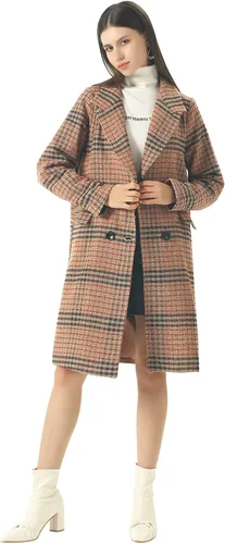 Vista 3 de Chartou Chaqueta larga de invierno con cuello de solapa de lana a cuadros de doble botonadura para mujer