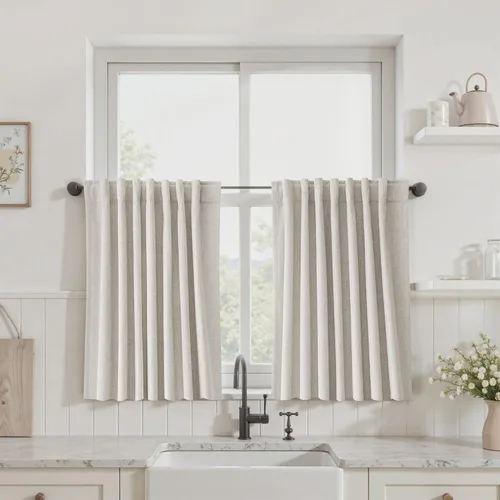 Vista 44 de UHITECH Cortinas cortas de lino de 24 pulgadas de largo para ventanas pequeñas de granja, cortinas opacas modernas para sala de estar, pestañas