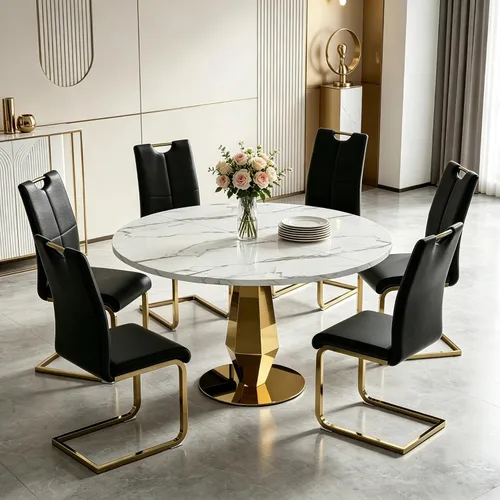 Vista 6 de Henf Mesa de comedor redonda de mármol sintético para 4 a 6 personas, mesa de cocina moderna de oro blanco de 47 pulgadas con base de acero Mesa