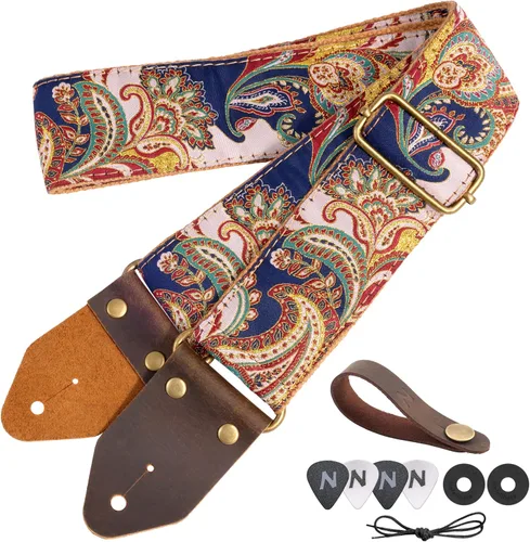 Vista 35 de Nefelibata Correa de guitarra, correas de guitarra de algodón bordado jacquard con extremos de cuero de caballo loco para bajo, eléctrico