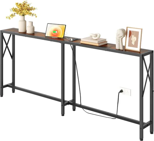 Vista 21 de Gewudraw - Mesa de sofá estrecha de 55.1", mesa consola con tomas de corriente y puertos USB, mesa de entrada, mesa de sofá industrial para pasillo