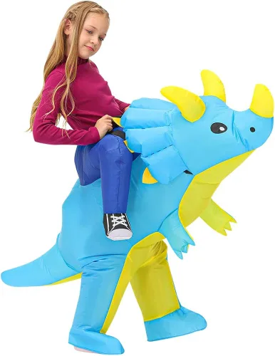 Vista 5 de Disfraz inflable azul Triceratops Ride Dinosaur Air Blow-up Deluxe Halloween Suit para adultos, niños y niños pequeños