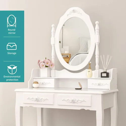 Vista 4 de SkiPack NA - Juego de mesa de tocador con 4 cajones, tocador de maquillaje con taburete acolchado, juego de muebles de dormitorio para niñas y Blanco