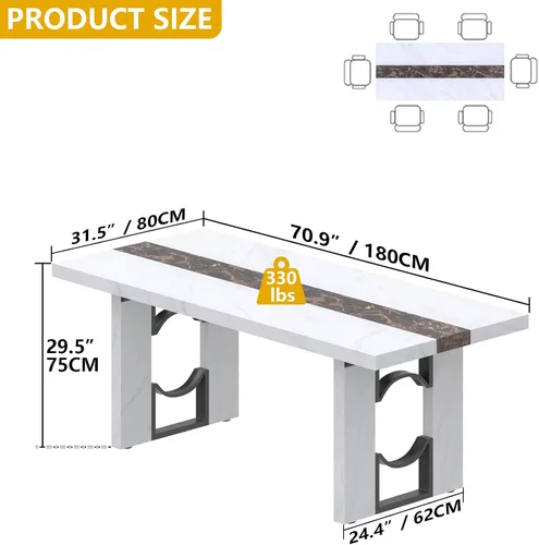 Vista 10 de Mesa de comedor de 71 pulgadas para 6-8 personas, mesa de cocina rectangular grande con mesa de color mármol, mesa de comedor lujosa de 6 pies