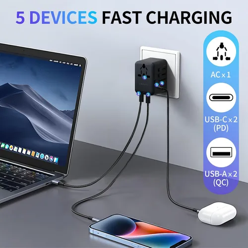 Vista 3 de Adaptador de viaje universal de carga rápida de 35 W todo en uno con 4 puertos (2 USB-C + 2 USB-A) - Convertidor de enchufe mundial para EE. UU.