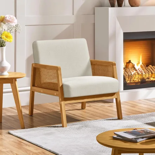 Vista 4 de Yaheetech Silla decorativa, sillón moderno de ratán, cómoda silla de lino con patas de madera para sala de estar, dormitorio, sala de lectura, Beige