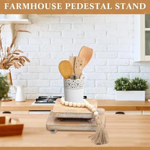 Vista 2 de Capoda 3 piezas de elevadores de madera para decoración, mini soportes de pedestal de madera con guirnalda de cuentas de madera, decoración rústica