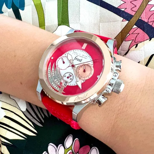 Vista 5 de MULCO Ilusion - Juego de reloj para mujer, pulsera de oro rosa, correa de silicona impermeable de acero inoxidable, Escarcha (rojo), Moderno