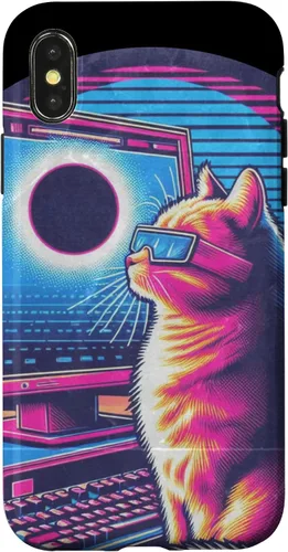 Vista 4 de iPhone 15 Cat Solar Eclipse - Synthwave Retro Poster Style Case