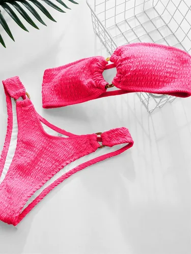 Vista 11 de WDIRARA Conjunto de bikini de 2 piezas sin tirantes para mujer