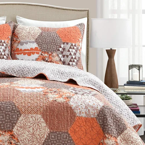 Vista 5 de Lush Decor Briley - Juego de edredón reversible de algodón de 3 piezas, color mandarina, juego de ropa de cama acolchado, colcha de retazos