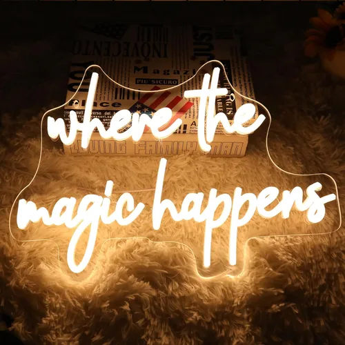 Vista 2 de Letrero de neón con texto en inglés "Where The Magic Happens" para decoración de pared, letras alimentadas por USB, para dormitorio, decoración